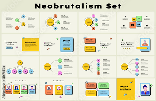 Collection of infographic presentation slides with team slides, flowchart and other diagrams. Business data analytics y2k trendy design.