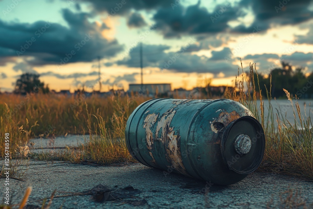 Rusty gas cylinder lies on cracked pavement under a dramatic sky at dusk Rusty gas cylinder lies on cracked pavement under a dramatic sky at dusk