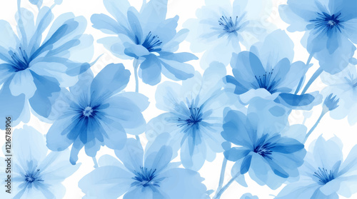 Seamless pattern with blue flowers painted in watercolor style on a white background, elegant floral design