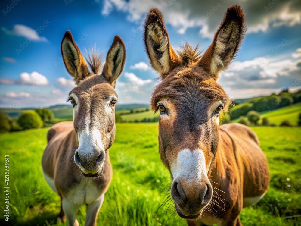 Adorable Donkey Duo: Close-Up Aerial Shot of Two Donkeys Grazing Adorable Donkey Duo: Close-Up Aerial Shot of Two Donkeys Grazing