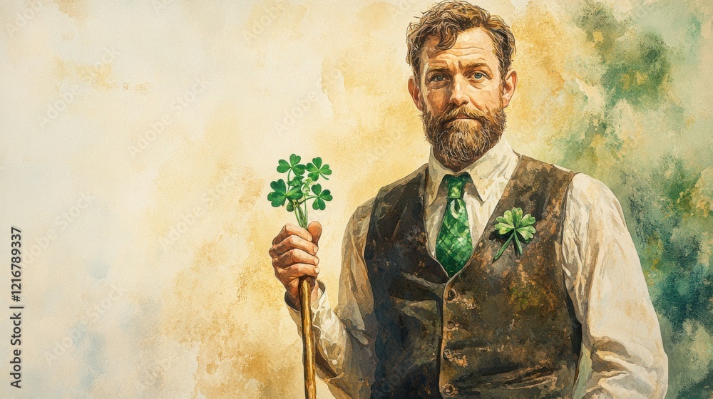 Fototapeta premium Happy St. Patrick's Day Background, a watercolor portrait of a man holding a shamrock-covered cane, wearing a vest and green tie, with a confident expression, with copy space
