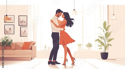Romantic couple embracing in a bright living room.