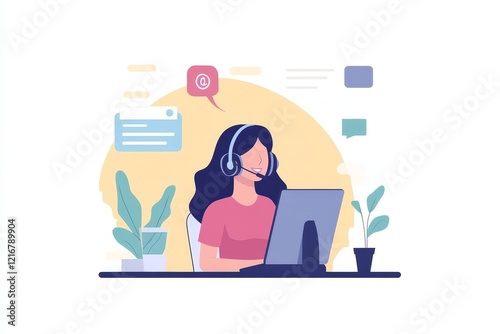 Customer service, woman and happy call center agent giving advice online using a headset. Operator, telemarketing and support with hotline consultant working for contact us help or arm, Generative AI