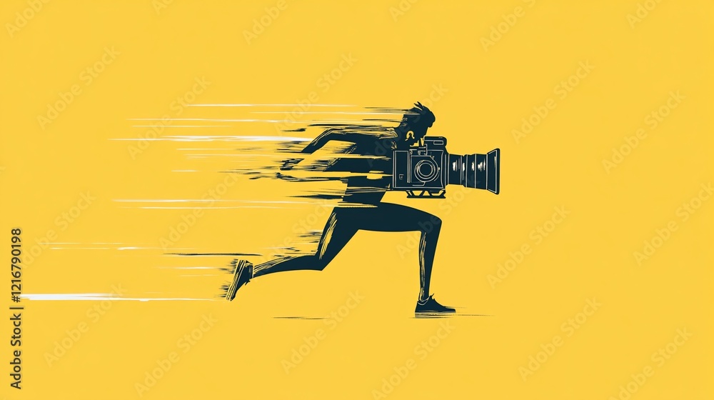 Fototapeta premium Silhouette of a running photographer with a camera.