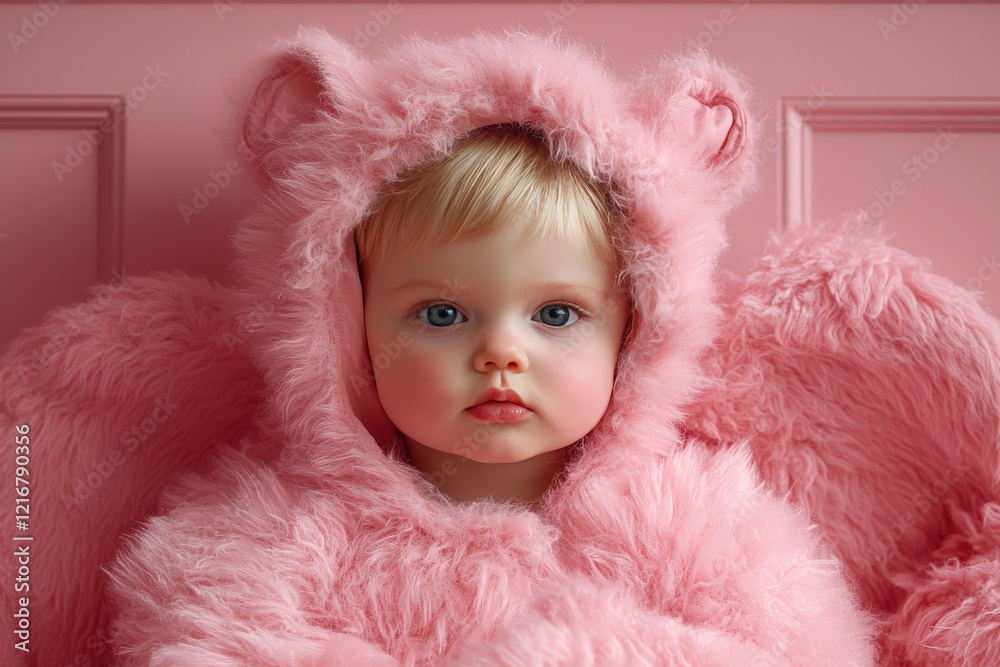 Adorable baby in fluffy pink bear costume against soft pink background, showcasing innocence and sweetness Adorable baby in fluffy pink bear costume against soft pink background, showcasing innocence and sweetness