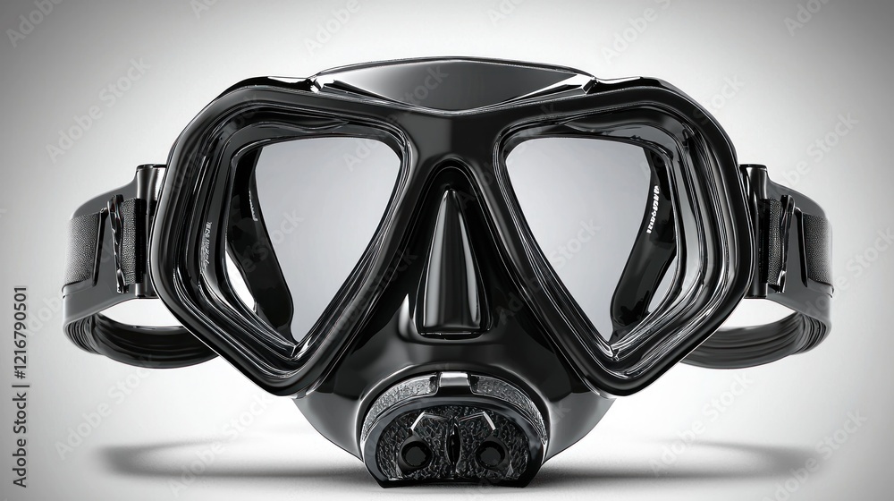 Black diving mask, studio shot, underwater gear, white background, website Black diving mask, studio shot, underwater gear, white background, website