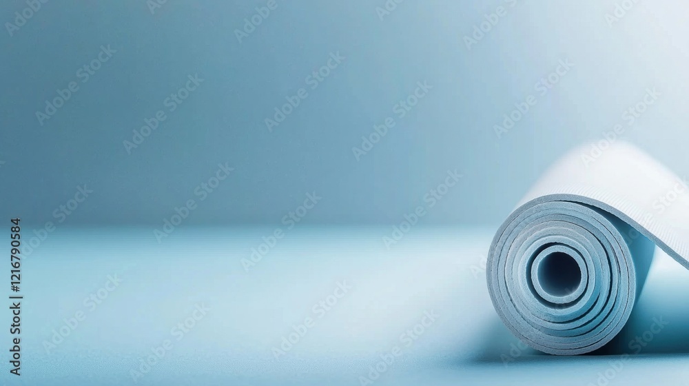 Roll of white paper or fabric on a light blue background. the roll is rolled up and placed on the right side of the image, with the top half of the roll facing towards the left side. Roll of white paper or fabric on a light blue background. the roll is rolled up and placed on the right side of the image, with the top half of the roll facing towards the left side.