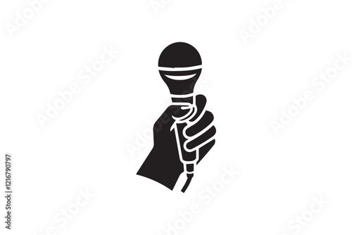 Microphone on hand black color vector silhouette illustration isolated in white background