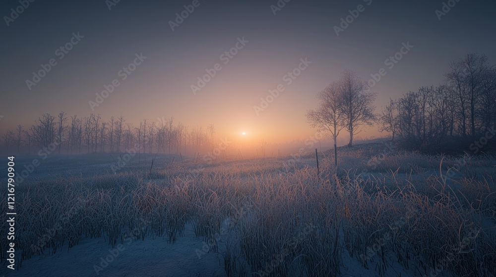 Frosty sunrise over snowy field, winter landscape, calm morning Frosty sunrise over snowy field, winter landscape, calm morning