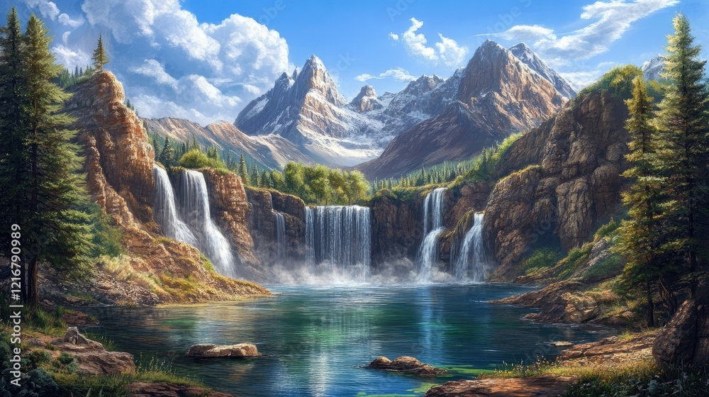 Scenic mountain lake framed by cascading waterfalls and dramatic rocky peaks Scenic mountain lake framed by cascading waterfalls and dramatic rocky peaks