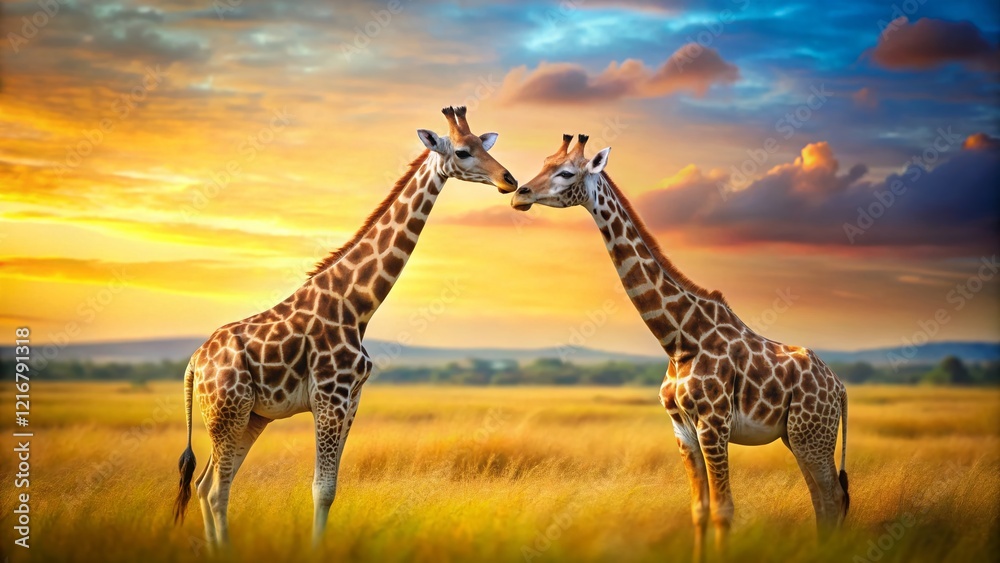 Obraz premium Adorable Giraffe Couple in Love, Romantic African Safari Wildlife Clipart
