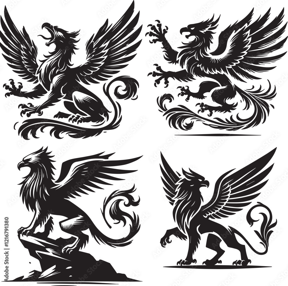 Obraz premium griffin black and white silhouette isolated on white background, Gryphon, Griffon, Gryps, Hippogryph, Simurgh, Sharabha silhouette 