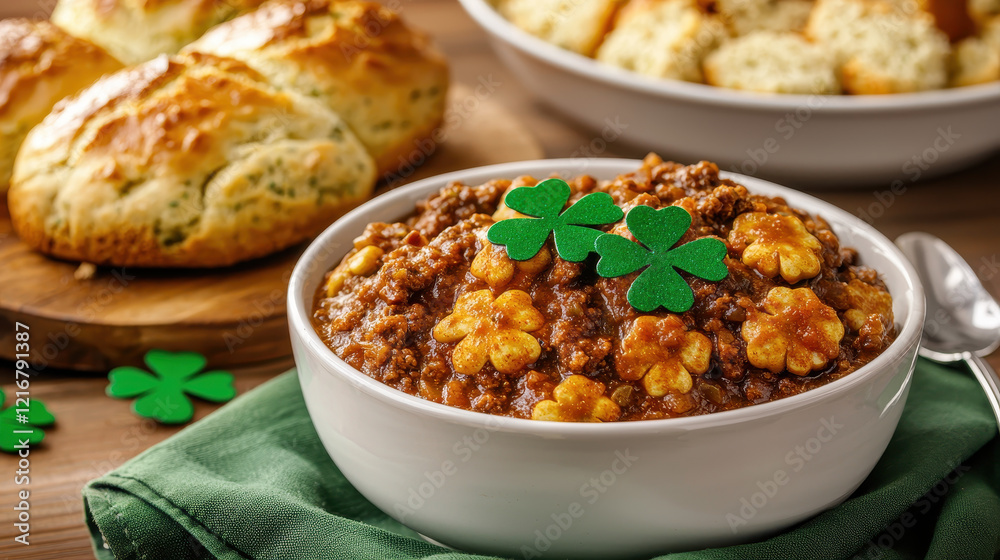 Delicious chili served in bowl with festive decorations and bread Delicious chili served in bowl with festive decorations and bread