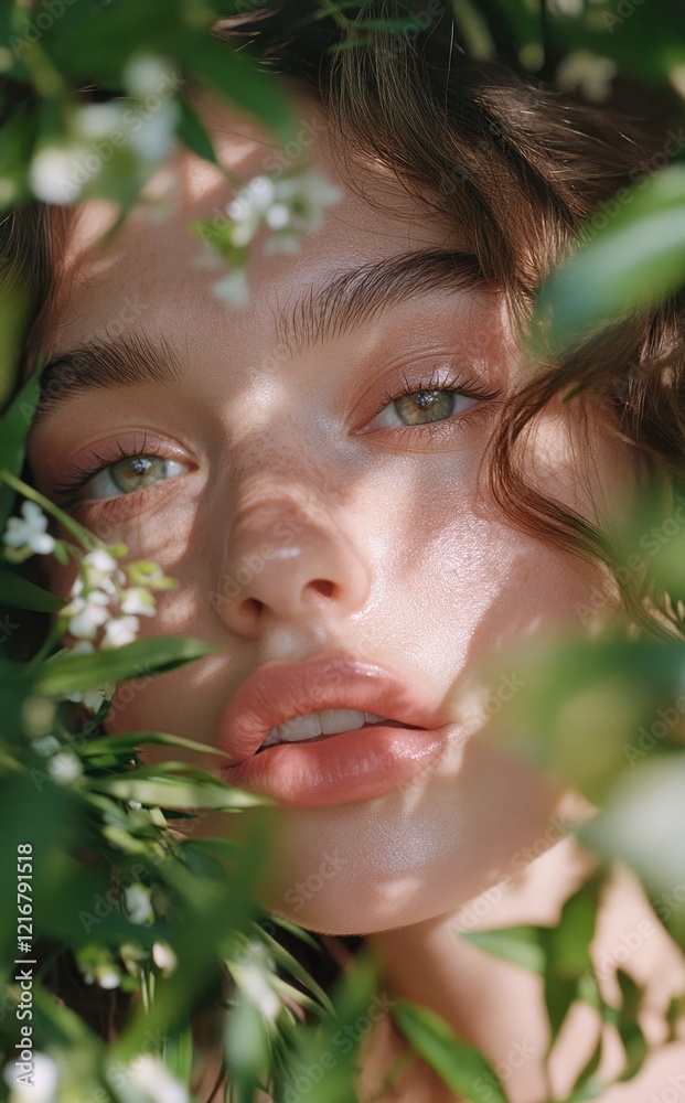 A close-up of the face of a beautiful woman with green eyes and straight brown hair A close-up of the face of a beautiful woman with green eyes and straight brown hair