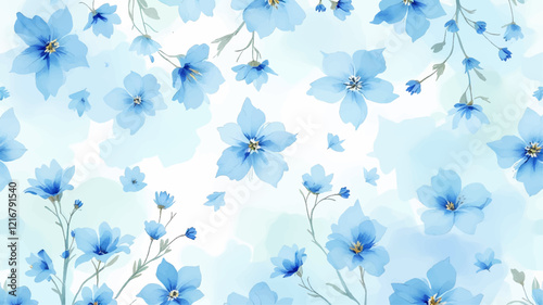 Seamless pattern with blue flowers painted in watercolor style on a white background, elegant floral design