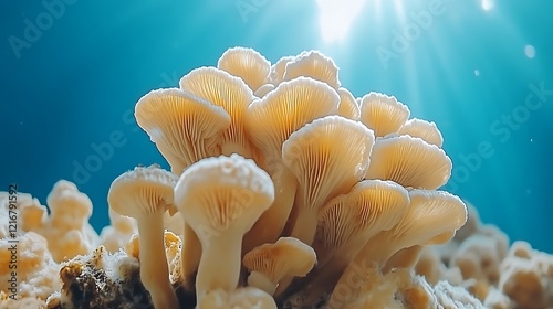Underwater Cluster of Pale Mushrooms: A Serene Aquatic Scene