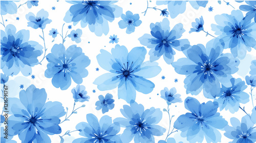 Seamless pattern with blue flowers painted in watercolor style on a white background, elegant floral design