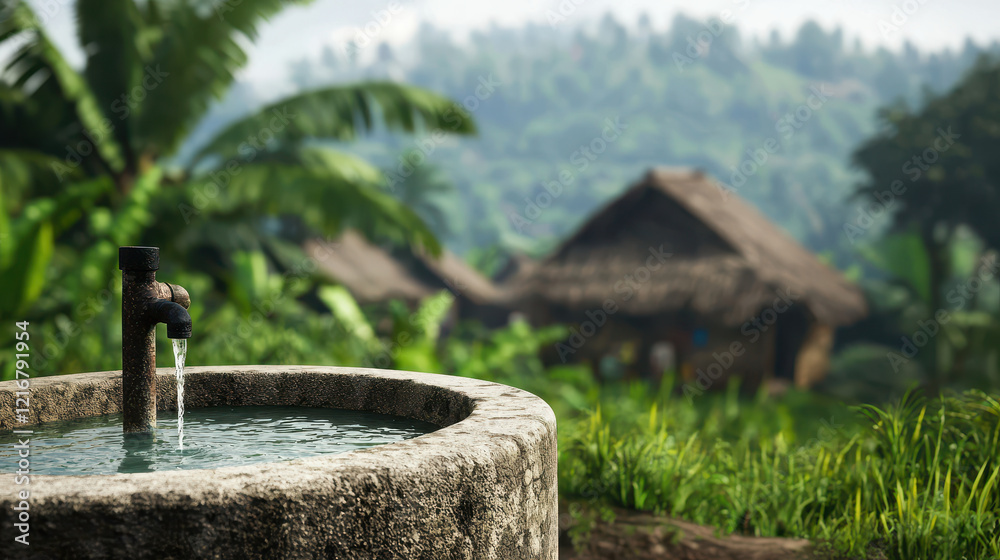 rustic water well surrounded by lush greenery and thatched hut in background evokes serene rural atmosphere rustic water well surrounded by lush greenery and thatched hut in background evokes serene rural atmosphere