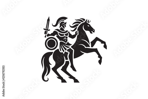 warrior Knight silhouette vector illustration in black and white, set against a white background