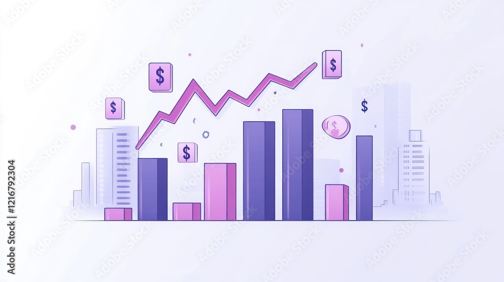 Upward trending bar graph illustrating financial growth and profit increase with cityscape background. Upward trending bar graph illustrating financial growth and profit increase with cityscape background.
