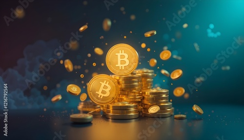 Glowing Bitcoin Symbol with Stacked Gold Cryptocurrency Coins in Modern Digital Concept