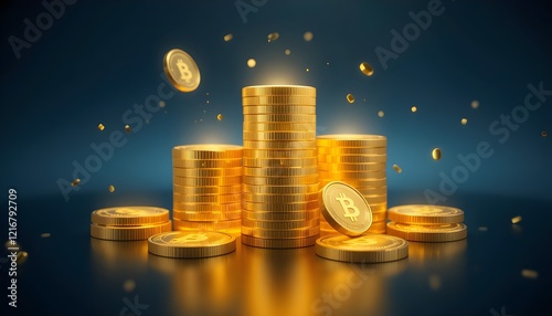Glowing Bitcoin Symbol with Stacked Gold Cryptocurrency Coins in Modern Digital Concept