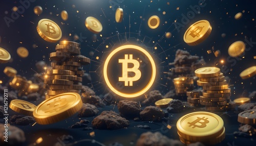 Glowing Bitcoin Symbol with Stacked Gold Cryptocurrency Coins in Modern Digital Concept