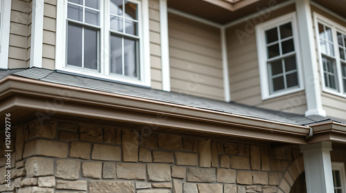 Close-up view of a house's exterior, showcasing its stonework, roofline, and copper gutters. The image highlights architectural details and the seamless blend of materials. photo