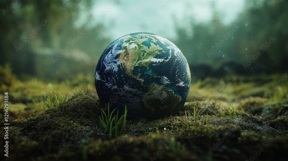 Earth and grass, protecting the ecosystem, Earth globe surrounded by green energy and forests, Earth Day and the Environment Earth and grass, protecting the ecosystem, Earth globe surrounded by green energy and forests, Earth Day and the Environment
