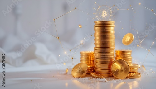 Glowing Bitcoin Symbol with Stacked Gold Cryptocurrency Coins in Modern Digital Concept