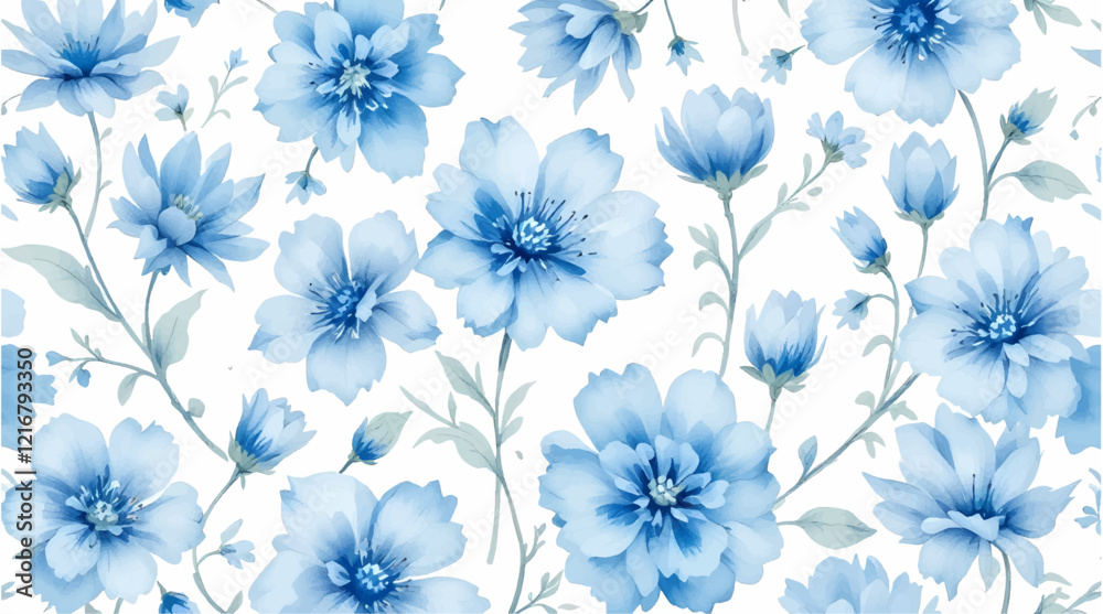 Seamless pattern of watercolor blue flowers on white background. Seamless pattern of watercolor blue flowers on white background.
