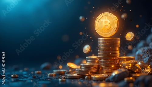 Glowing Bitcoin Symbol with Stacked Gold Cryptocurrency Coins in Modern Digital Concept