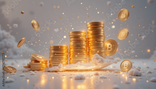 Glowing Bitcoin Symbol with Stacked Gold Cryptocurrency Coins in Modern Digital Concept
