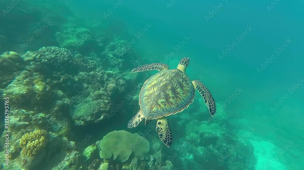 Obraz premium Tranquil turtle swimming over a healthy reef in clean ocean water, emphasizing protection