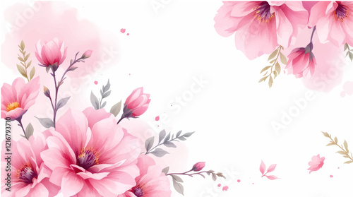 Watercolor floral frame with pink flowers and green leaves on white background.