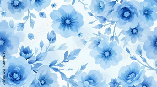 Seamless pattern with blue flowers painted in watercolor style on a white background, elegant floral design