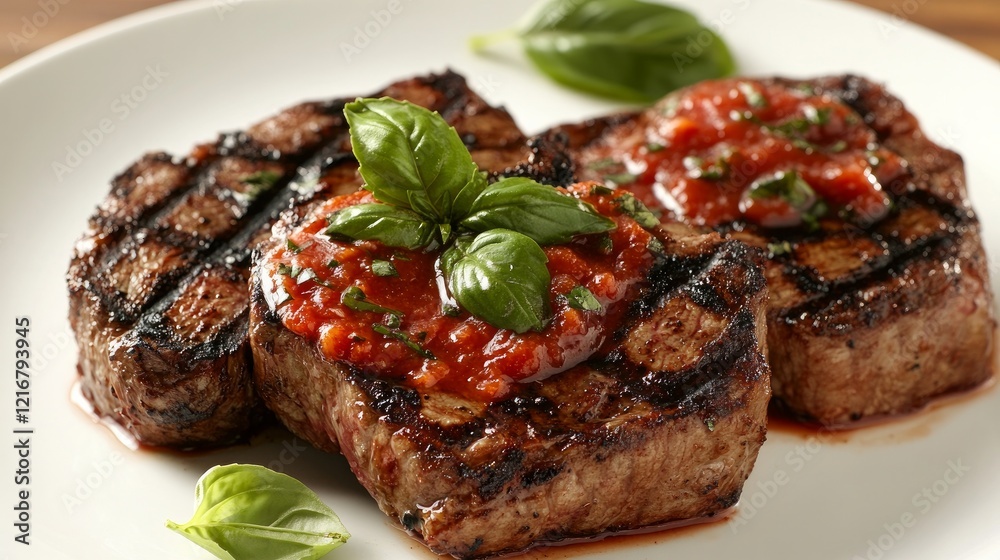 Grilled Steak with Basil Garnish and Red Sauce Grilled Steak with Basil Garnish and Red Sauce