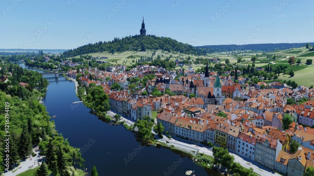 Aerial view of riverside town, hilltop tower, sunny day Aerial view of riverside town, hilltop tower, sunny day