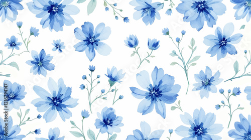 Seamless pattern with blue flowers painted in watercolor style on a white background, elegant floral design
