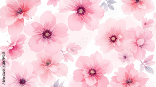 Watercolor painting of pink flowers and green leaves on a white background.