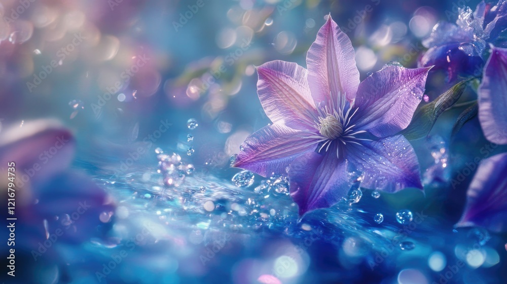 Water-dappled purple clematis in focus with blurred blue floral tones in the background Water-dappled purple clematis in focus with blurred blue floral tones in the background