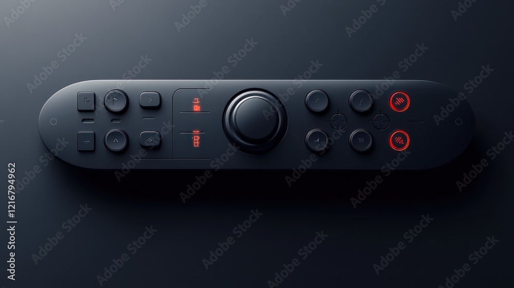 Sleek black remote control with rotary dial and buttons on dark background. Sleek black remote control with rotary dial and buttons on dark background.