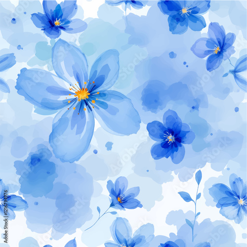 Seamless pattern with blue flowers painted in watercolor style on a white background, elegant floral design