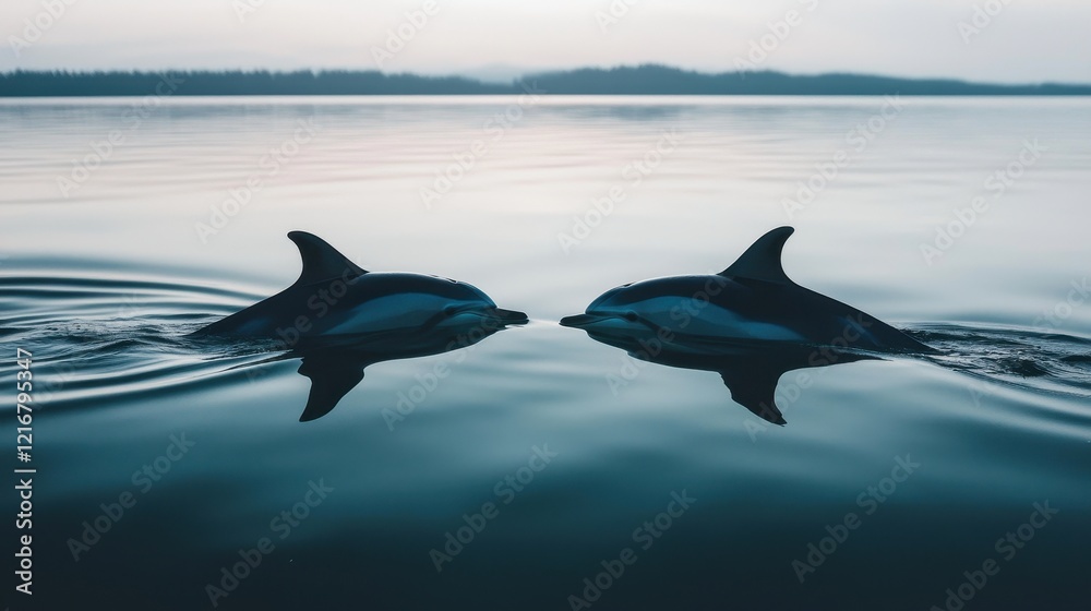 Obraz premium Two dolphins swim gracefully in calm waters, creating gentle ripples against a serene backdrop.