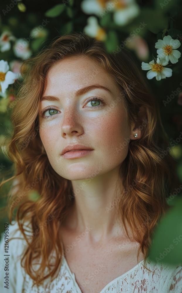 A close-up portrait of a model, her face partially obscured by greenery and flowers, with the focus on her eyes and lips. A close-up portrait of a model, her face partially obscured by greenery and flowers, with the focus on her eyes and lips.