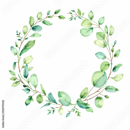 Watercolor Eucalyptus Leaves Wreath Illustration Green	