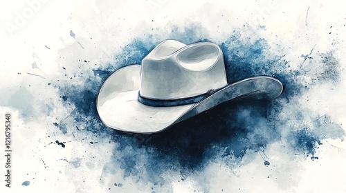 A white cowboy hat with a wide brim and indented crown, featuring a black band around its base, sits on top of an abstract watercolor design. photo