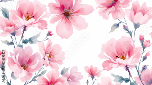 Watercolor painting of pink flowers and green leaves on a white background.