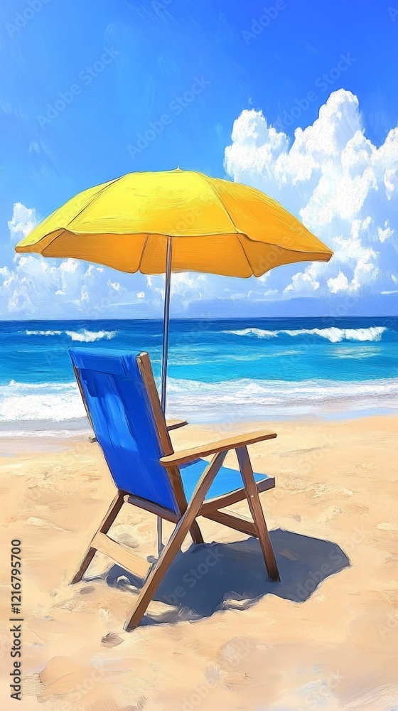 Serene Beach Scene Blue Chair, Yellow Umbrella, Azure Ocean Serene Beach Scene Blue Chair, Yellow Umbrella, Azure Ocean