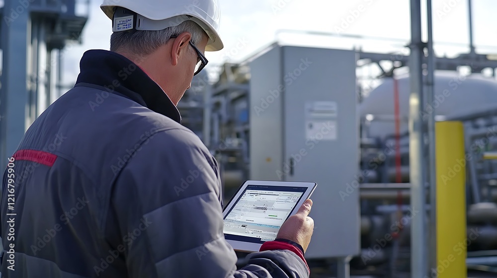 Industrial Site Inspection: Engineer Using Tablet for Data Analysis Industrial Site Inspection: Engineer Using Tablet for Data Analysis